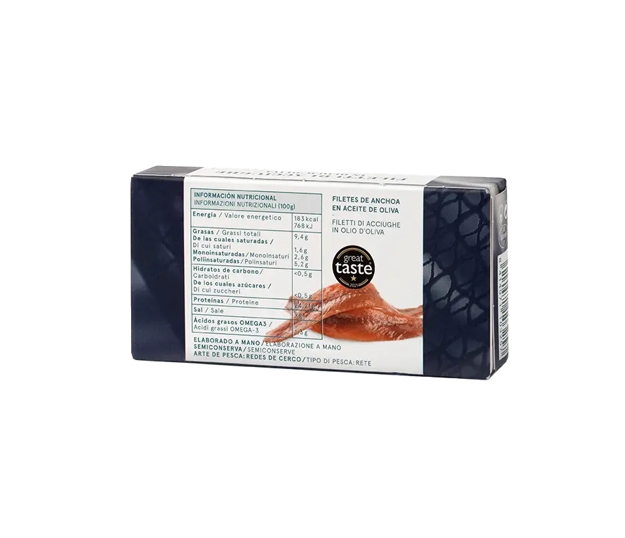 Información nutricional 8 Filetes Especiales de Anchoa del Cantábrico de Costera en Aceite de Oliva Lata 50 g