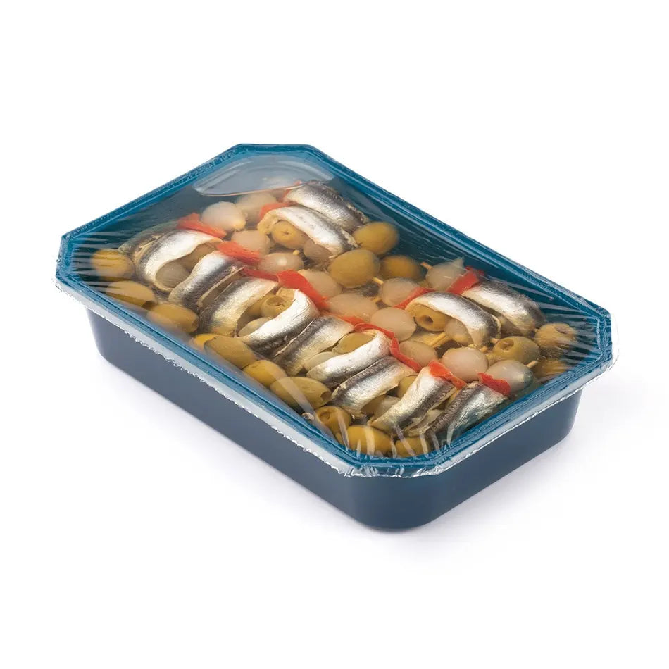 Tarrina de banderillas de boquerón del Cantábrico con cebolletas en aceite de girasol 24 piezas 900g
